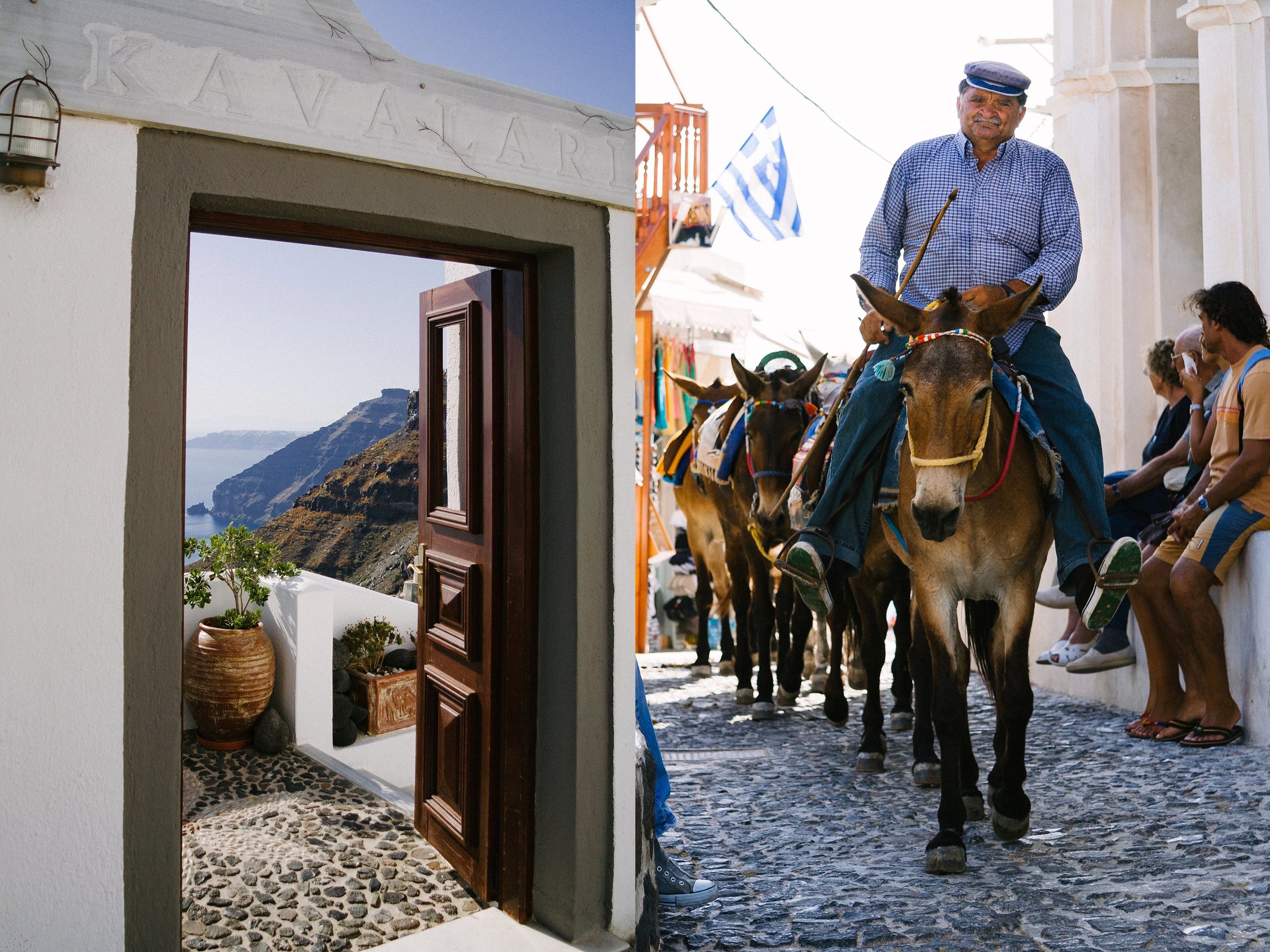  Santorini sights. Doorways and donkeys. 