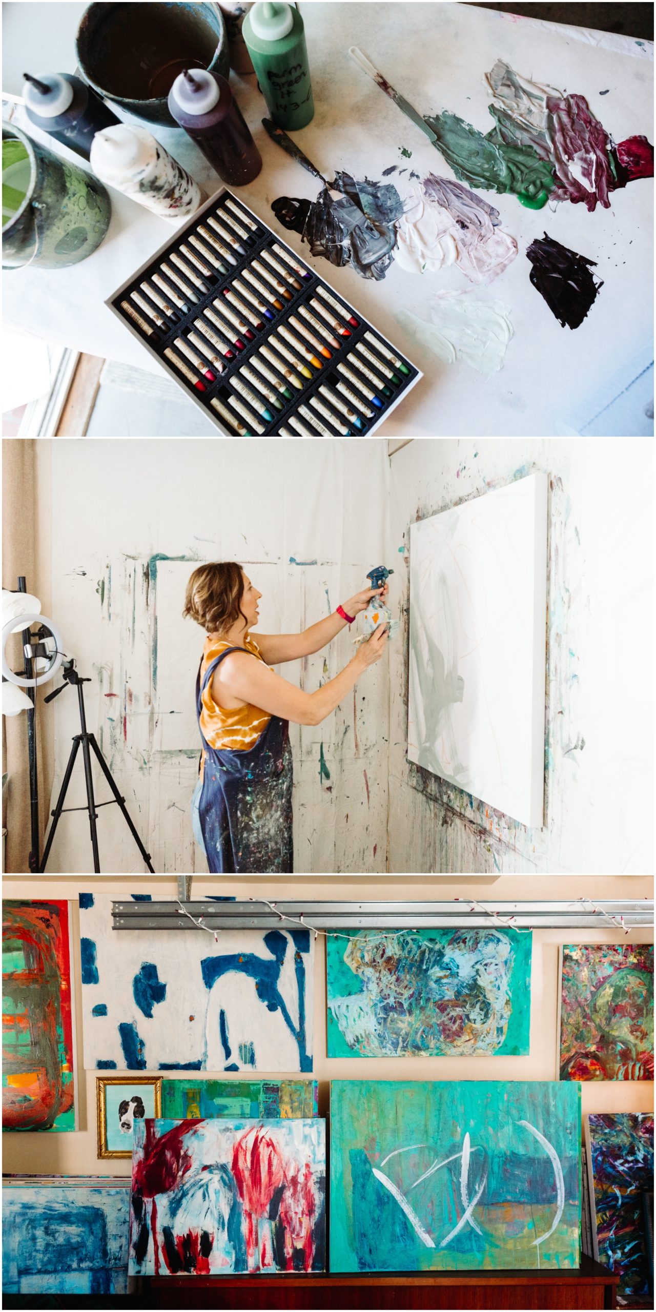 A lifestyle portrait photography session of a Santa Barbara artist Wendy Fisher in her creative studio. Images feature environmental portraiture and headshots focused on her paintings and creative work in progress.