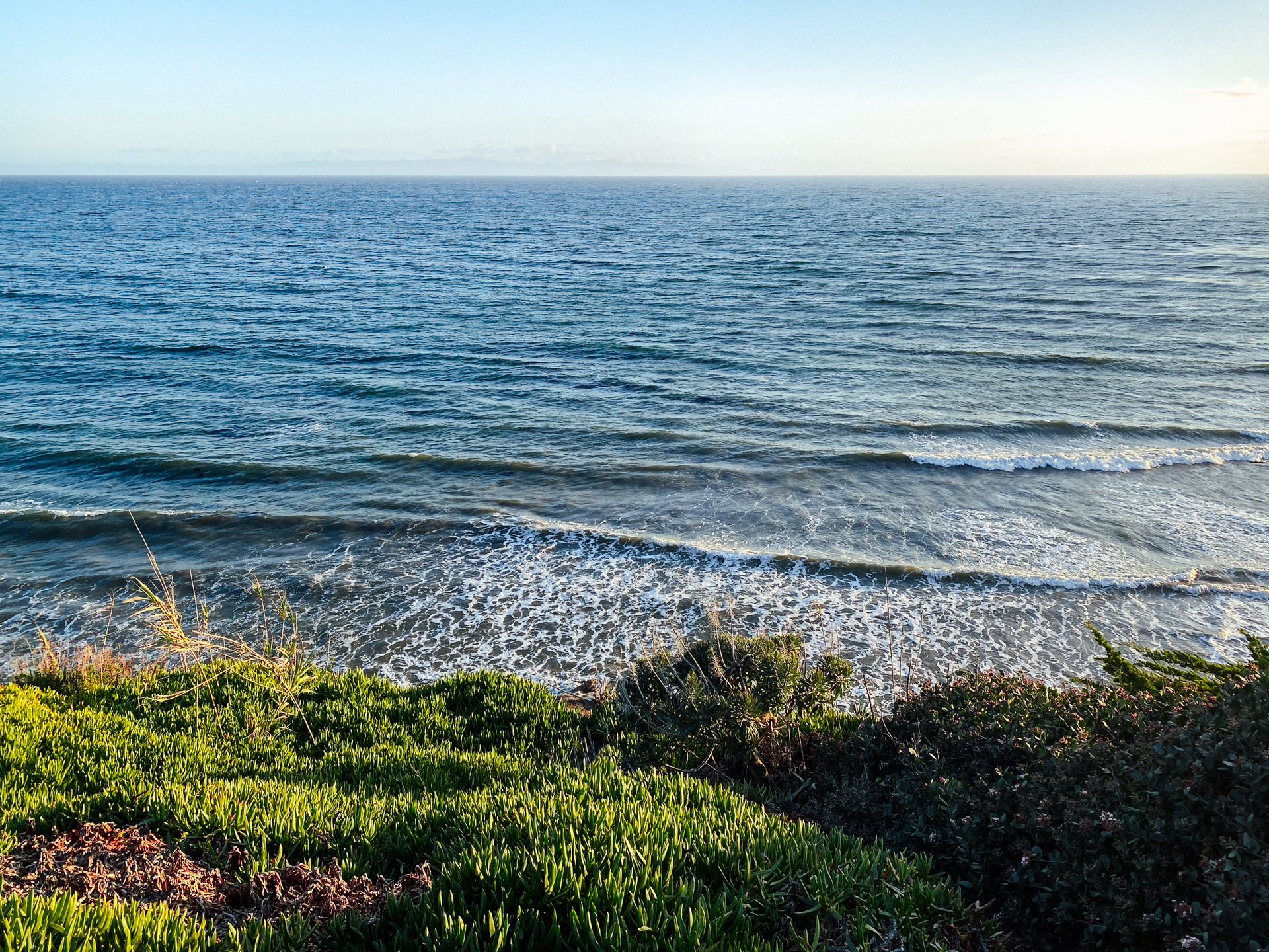 This image shows a serene coastal scene with a vast expanse of the ocean occupying most of the frame. The ocean displays gentle waves rolling towards the shore, creating a peaceful and calm atmosphere. The water is a deep blue color, reflecting the clear sky above. In the foreground, there is a grassy area with various types of vegetation, including low-lying shrubs and grasses. The sky is mostly clear with a few wispy clouds scattered across it. The horizon line is visible, separating the ocean from the sky.