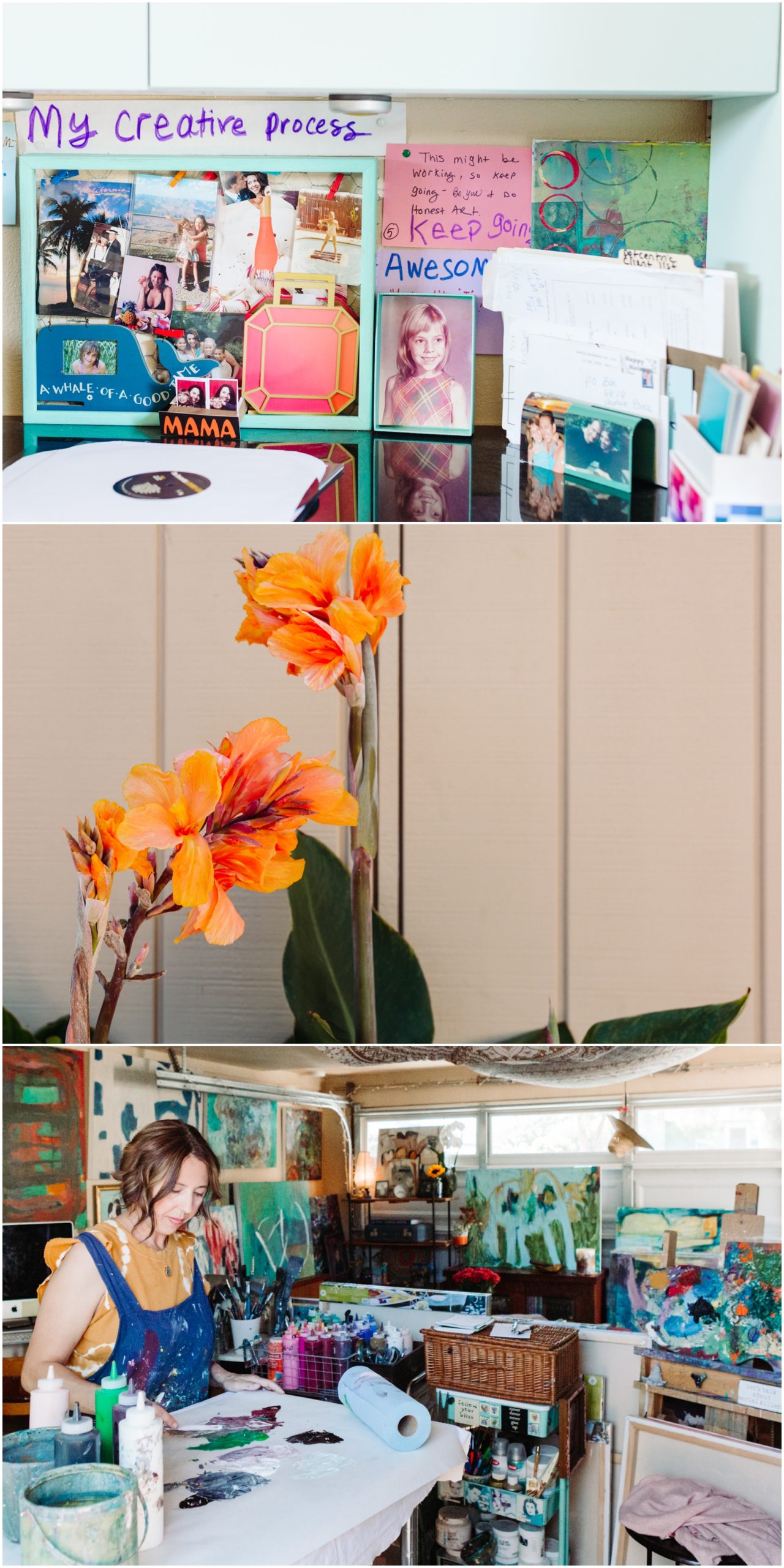 A lifestyle portrait photography session of a Santa Barbara artist Wendy Fisher in her creative studio. Images feature environmental portraiture and headshots focused on her paintings and creative work in progress.