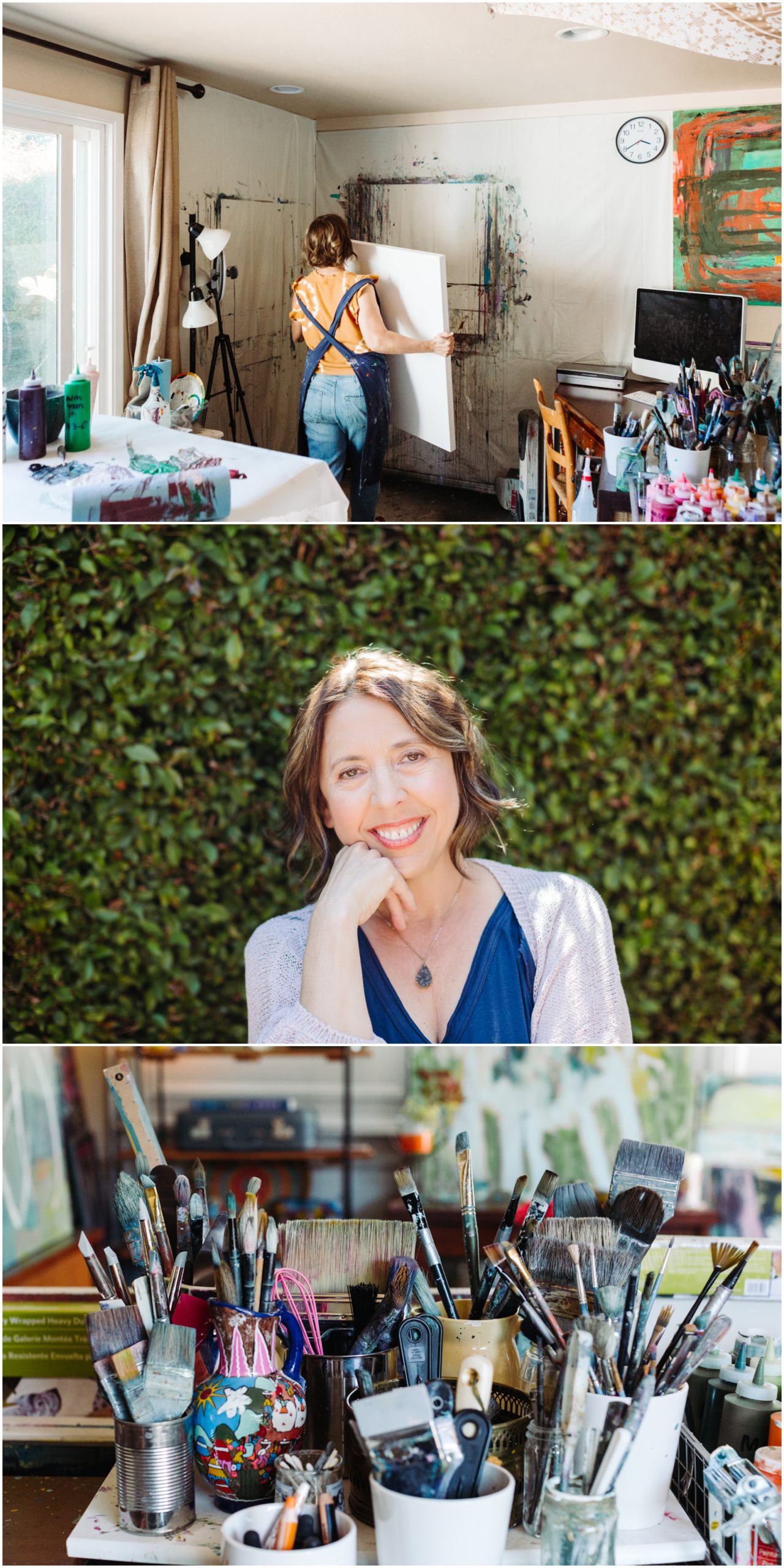A lifestyle portrait photography session of a Santa Barbara artist Wendy Fisher in her creative studio. Images feature environmental portraiture and headshots focused on her paintings and creative work in progress.