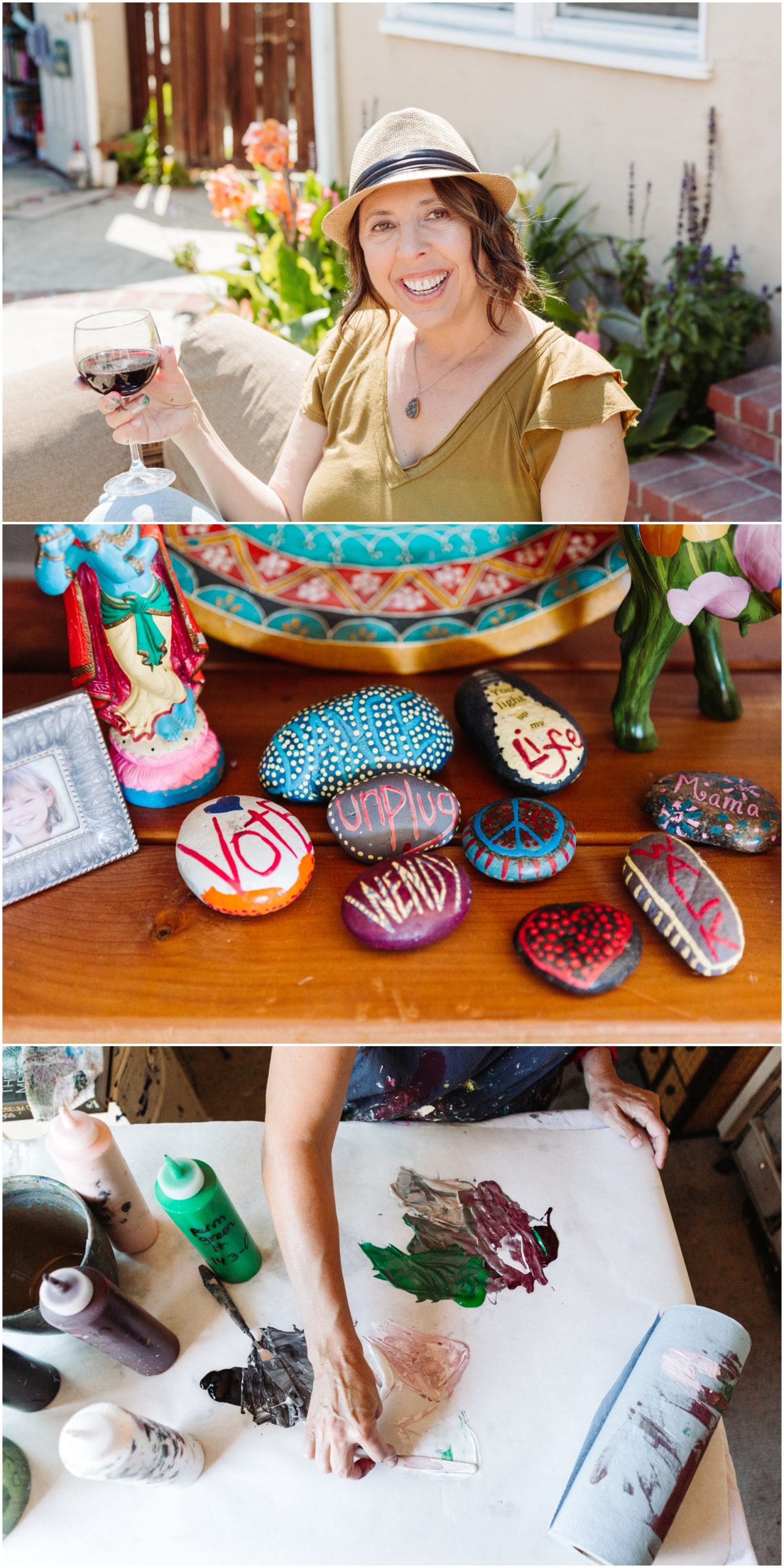 A lifestyle portrait photography session of a Santa Barbara artist Wendy Fisher in her creative studio. Images feature environmental portraiture and headshots focused on her paintings and creative work in progress.