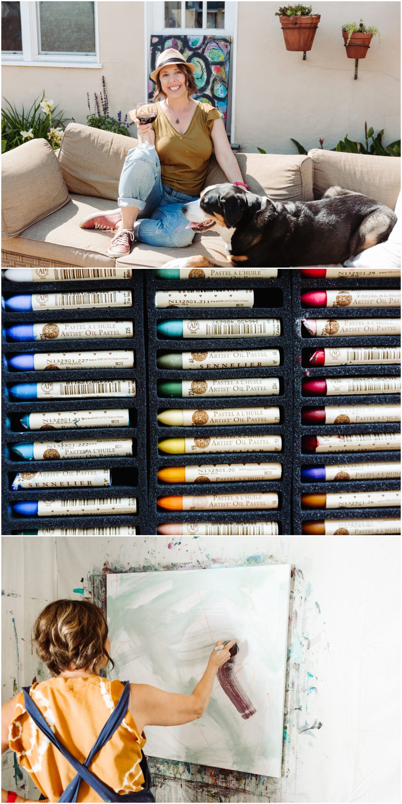 A lifestyle portrait photography session of a Santa Barbara artist Wendy Fisher in her creative studio. Images feature environmental portraiture and headshots focused on her paintings and creative work in progress.